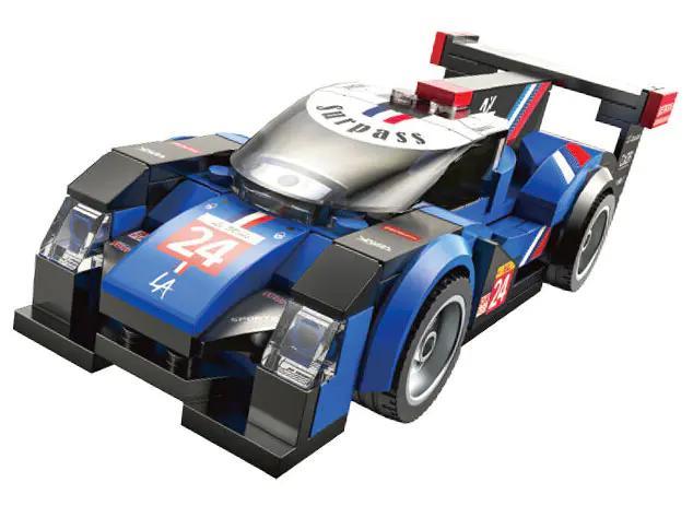 Mô hình xe đua CaDA C55053 màu xanh dương, đen, trắng, với số 24 nổi bật, thiết kế khí động học, cánh gió thể thao, bánh xe cao su, phù hợp cho bé trai 8 tuổi, đồ chơi lắp ráp giáo dục, quà tặng sinh nhật.