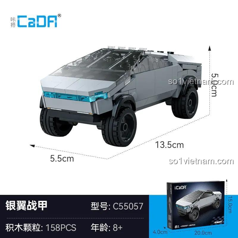 Kích thước chi tiết của bộ lắp ráp Xe bán tải điện Cybertruck C55057 và hộp sản phẩm, đồ chơi mô hình CaDA cho con trai.