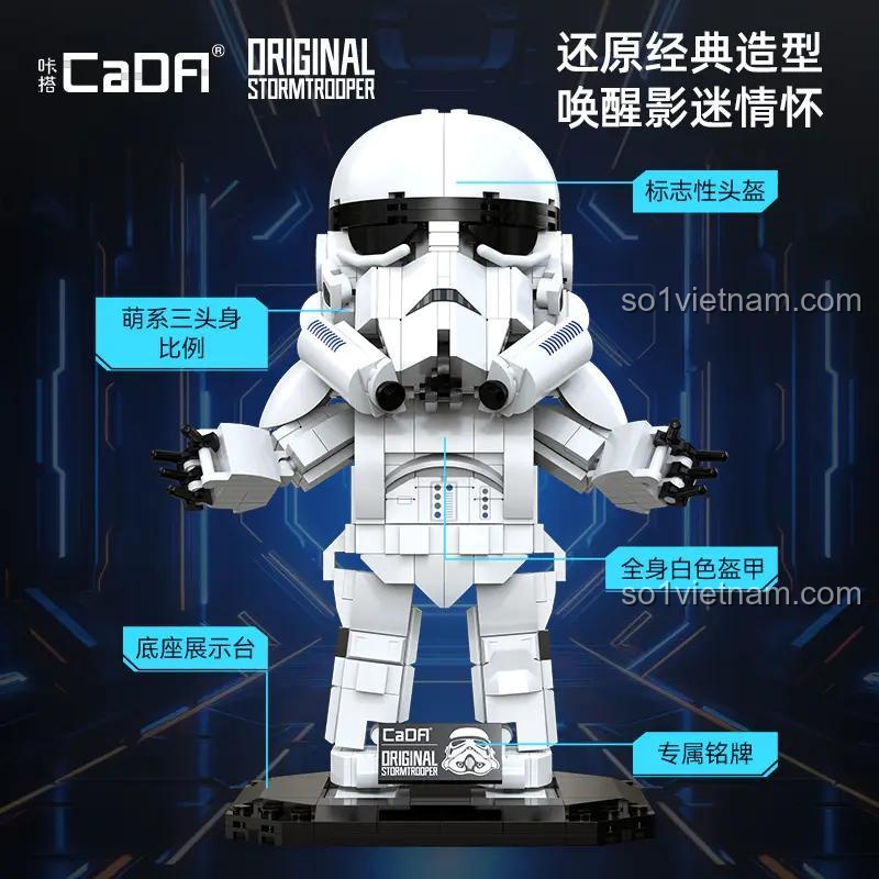 Mô hình Stormtrooper CaDA C59091 tái hiện kinh điển, giáp trắng toàn thân, đầu đội mũ biểu tượng, chất lượng cao cho con trai 8 tuổi.
