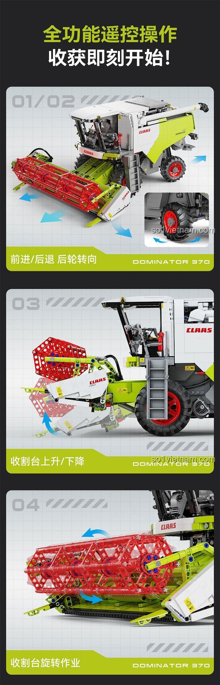 Minh họa các chức năng điều khiển từ xa của Mô hình máy nông nghiệp điều khiển từ xa C61508: tiến/lùi, đánh lái, nâng/hạ và xoay dàn cắt.