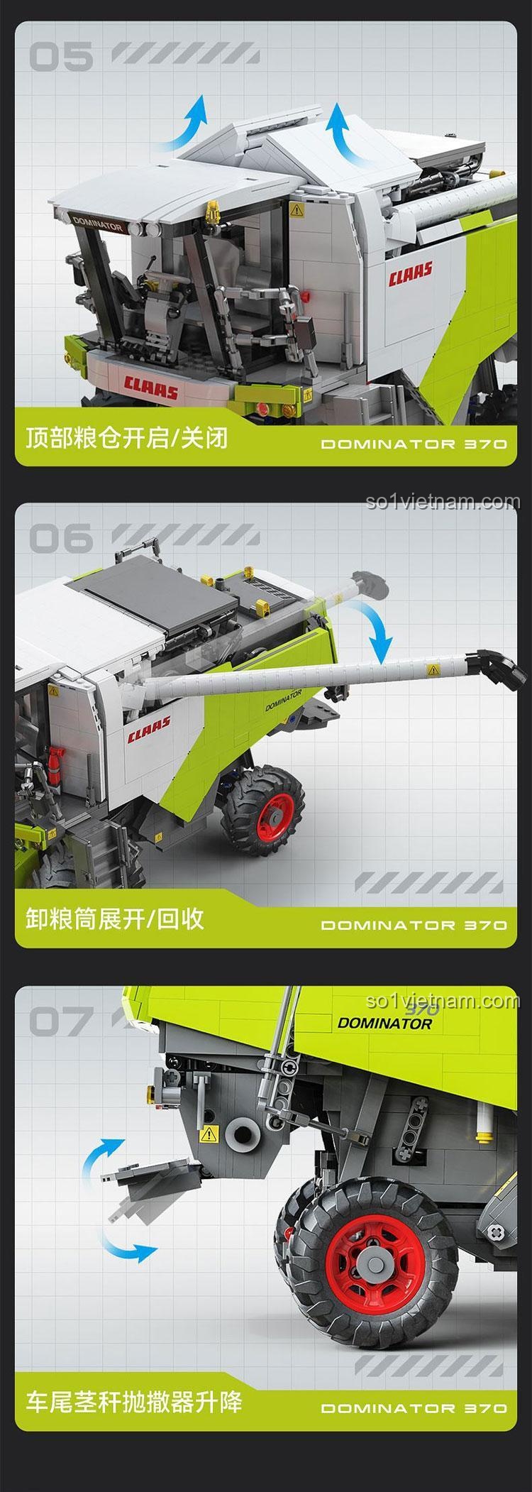 Minh họa các chức năng điều khiển từ xa khác của Xe gặt đập liên hợp Technic C61508: mở khoang chứa, vươn vòi xả, nâng hạ máy rải rơm.