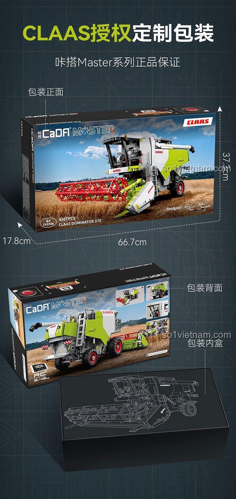 Ảnh chụp thực tế từ góc bên của mô hình máy gặt CaDA C61508, thể hiện rõ màu sắc và các chi tiết bên hông xe.