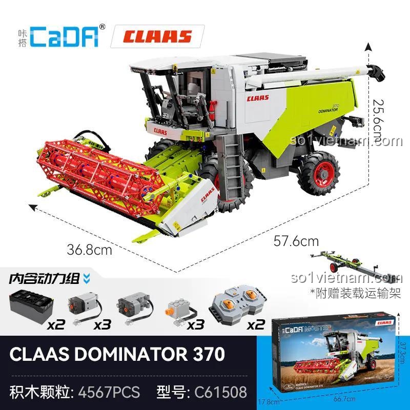 Ảnh thể hiện kích thước chi tiết của bộ lắp ráp C61508 và hộp đựng. Mô hình máy gặt CLAAS D370 có chiều dài 57.6cm, một kích thước ấn tượng.