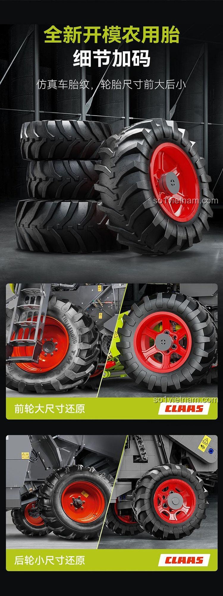 Cận cảnh lốp xe nông nghiệp được thiết kế riêng cho bộ đồ chơi xây dựng CaDA C61508, với vân lốp và kích thước trước/sau khác nhau.