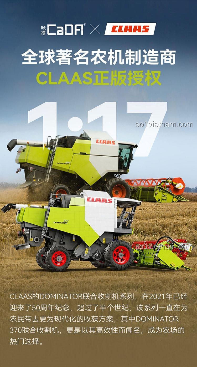 So sánh giữa mô hình lắp ráp CaDA C61508 và xe thật CLAAS Dominator, cho thấy độ chi tiết và chính xác của đồ chơi mô hình.