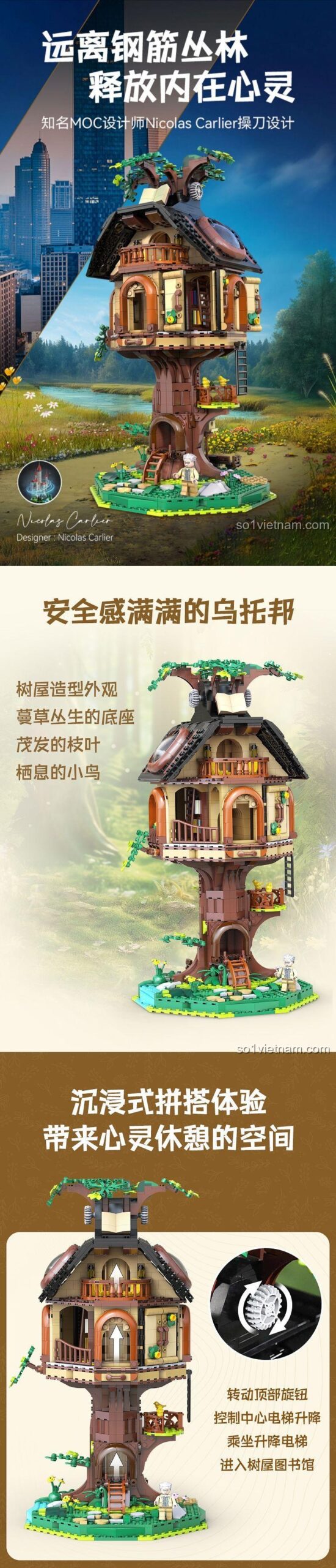 Hộp đồ chơi mô hình CaDA C66013 Thư viện Nhà Cây, thể hiện thông số kỹ thuật và đèn LED, giá trị cao