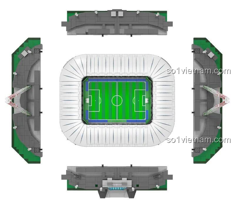 Góc nghiêng mô hình bộ xếp hình Double E 66021 Sân vận động Allianz Turin, thiết kế chân thực, chất lượng đảm bảo, phù hợp thanh niên 14 tuổi.