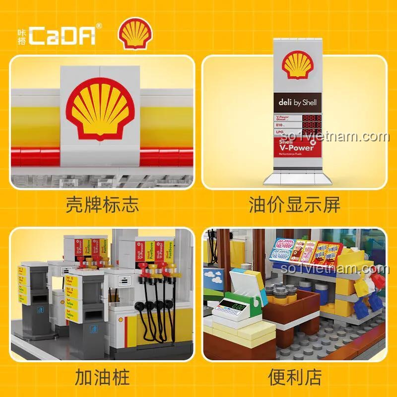 Các chi tiết nổi bật của Trạm Xăng Shell CaDA C66026: logo Shell, màn hình giá xăng, cột bơm, cửa hàng tiện lợi