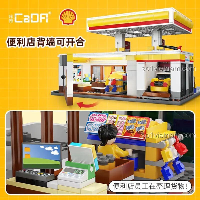 Cửa hàng tiện lợi của Trạm Xăng Shell CaDA C66026 có thể mở, đồ chơi xây dựng trạm xăng Shell với chi tiết sống động