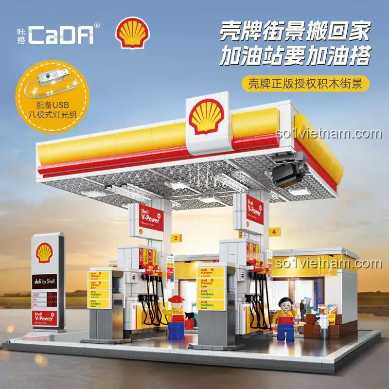 Mô hình Trạm Xăng Shell CaDA C66026 có đèn LED, đồ chơi xây dựng trạm xăng Shell chi tiết cao cho con trai 14 tuổi