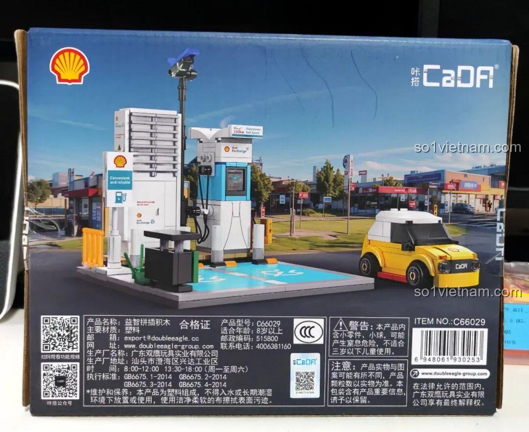 Ảnh chụp mặt sau hộp đồ chơi mô hình CaDA C66029 Trạm sạc Shell với thông tin chi tiết sản phẩm.