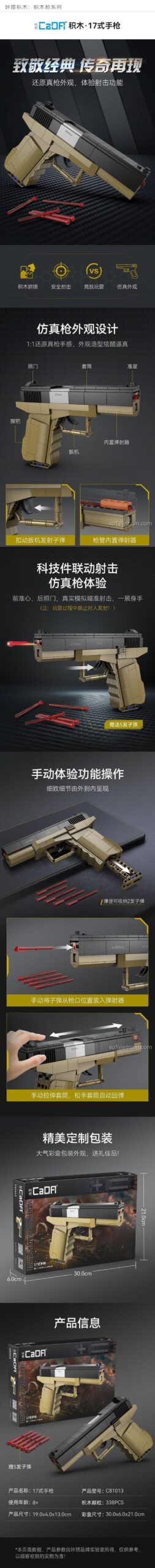Mô hình súng lục Glock 17 bằng nhựa ABS, 338 chi tiết, màu đen và nâu, có thể bắn đạn xốp, phù hợp cho bé trai 8 tuổi