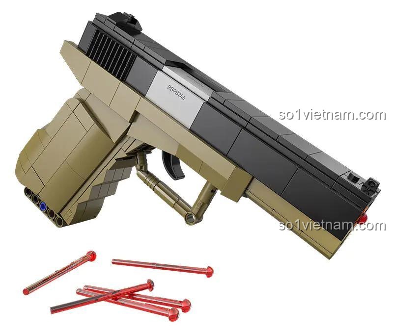 Mô hình súng lục Glock 17 bằng nhựa ABS, 338 chi tiết, màu đen và nâu, có thể bắn đạn xốp, phù hợp cho bé trai 8 tuổi