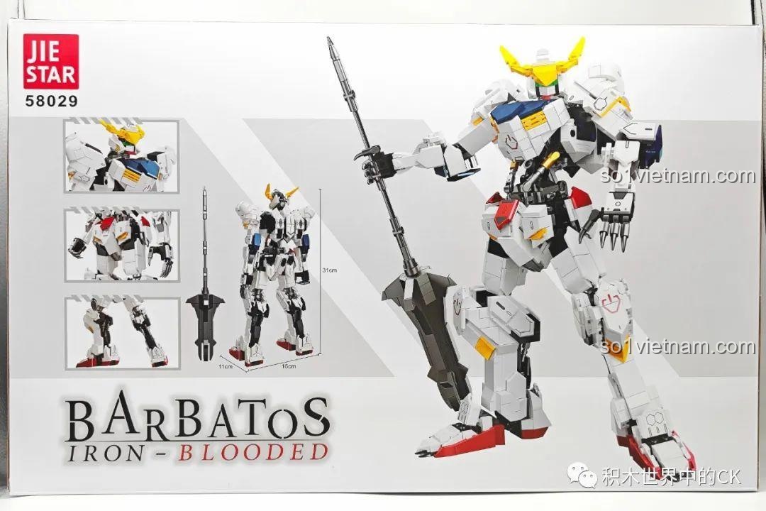 Mặt sau hộp JIESTAR 58029 Mecha Barbatos hiển thị thông tin kích thước chi tiết của mô hình robot, giúp người mua dễ hình dung.
