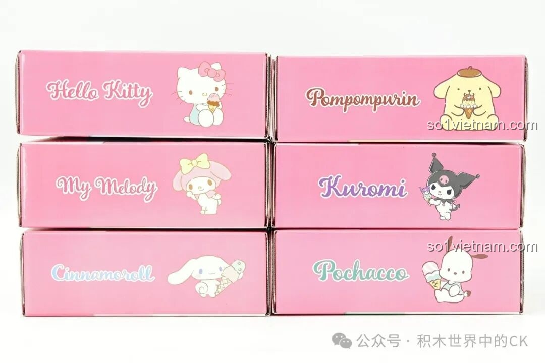 Cạnh hộp bộ lắp ghép Kem Ốc Quế Hello Kitty K20841 và các mẫu khác, hiển thị tên nhân vật và hình ảnh minh họa.