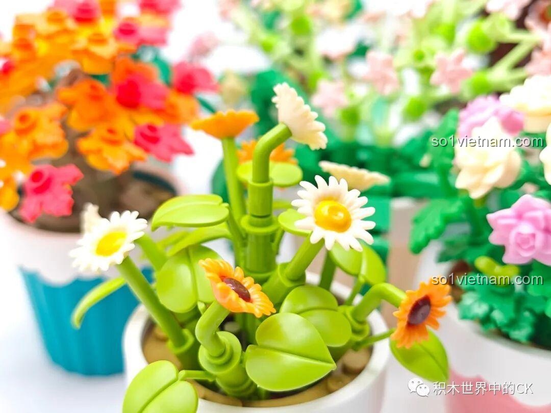 Ảnh chụp cận cảnh chi tiết của chậu hoa cúc và hoa hồng lắp ghép Sembo, cho thấy độ tinh xảo của các mảnh ghép.