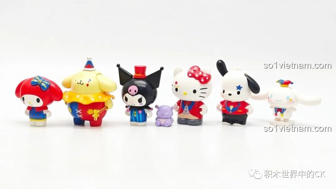 Cận cảnh các minifigure Sanrio trong bộ Gánh xiếc ma thuật Keeppley, thể hiện chi tiết in sắc nét và biểu cảm dễ thương.