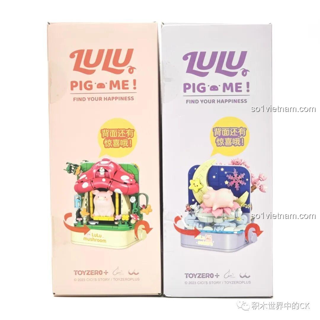 Cạnh bên của hộp đồ chơi Sembo Heo LuLu với dòng chữ 'PIG ME! FIND YOUR HAPPINESS' và hình ảnh mô hình.