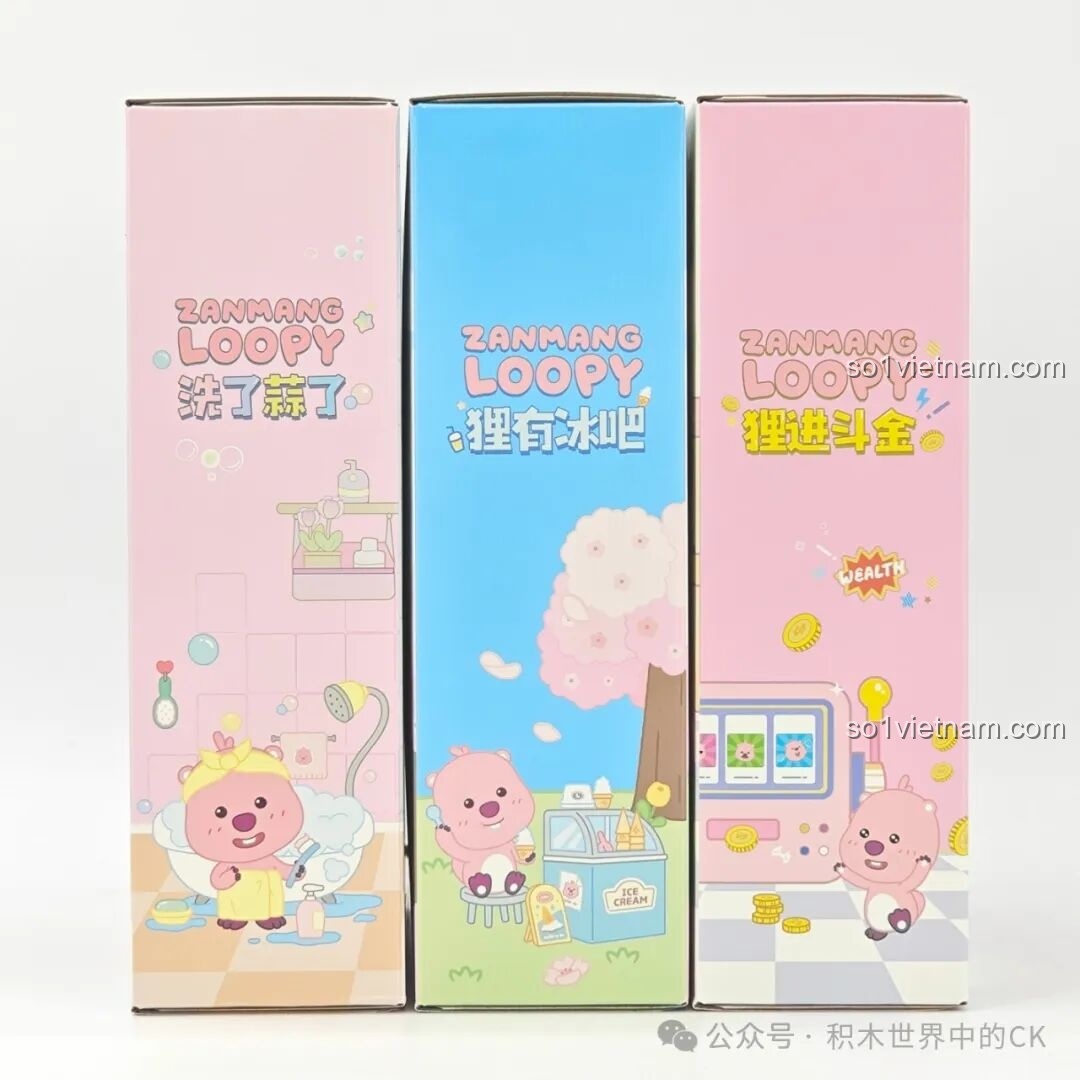 Cạnh bên của 3 hộp đồ chơi xây dựng Loopy's Ice Bar và các mẫu khác, thể hiện các hình ảnh Loopy theo từng chủ đề.