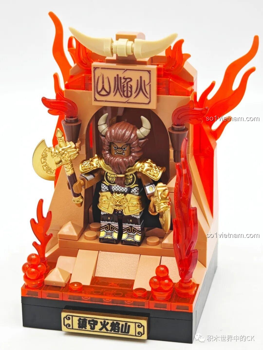 Mô hình hoàn chỉnh cảnh Ngưu Ma Vương trấn thủ Hỏa Diệm Sơn, với biển lửa rực rỡ, bộ lắp ráp Chaoqiqu CQQ10018.