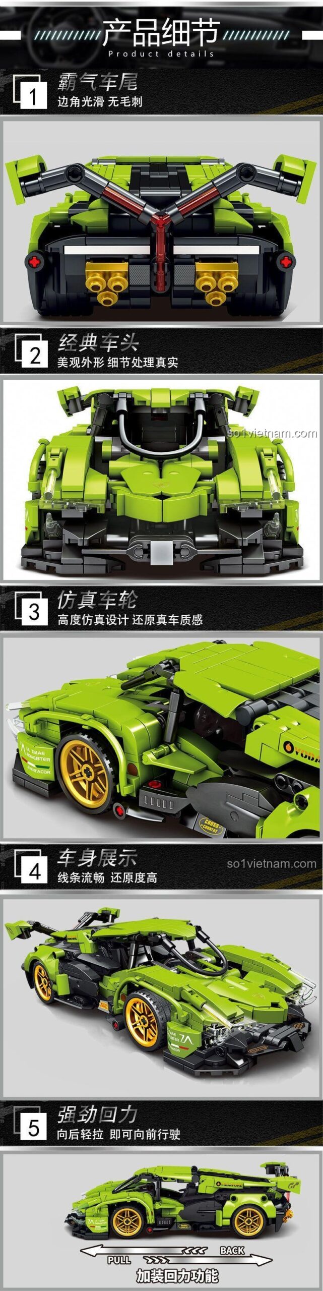 Cận cảnh phía trước của mô hình Lamborghini V12 Vision GT màu xanh lá, thiết kế khí động học, xe thể thao, đồ chơi lắp ráp