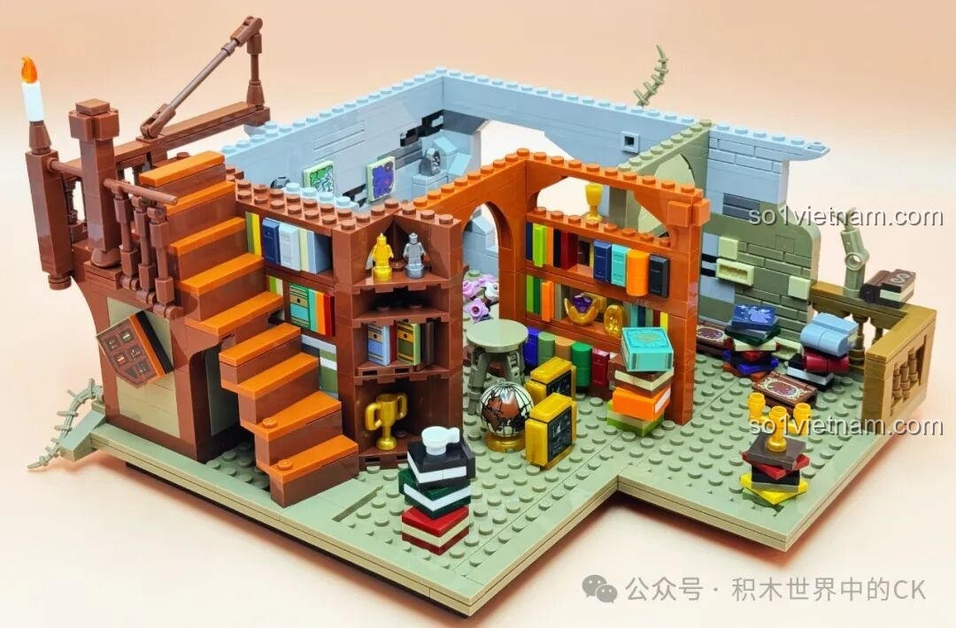 Cầu thang và ban công trên tầng hai của bộ JIESTAR 57016 Thư viện Châu Âu, thêm phần tinh xảo.