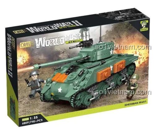 Hộp đựng bộ đồ chơi lắp ráp xe tăng M4 Sherman CAYI 6809, 740 mảnh ghép, tỉ lệ 1:35, cho bé trai 6 tuổi