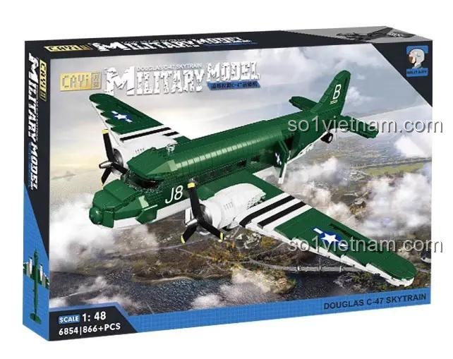 Hộp bộ lắp ghép CAYI 6854 Máy bay vận tải quân sự C-47 Skytrain, chất lượng cao, cho bé trai 6 tuổi.