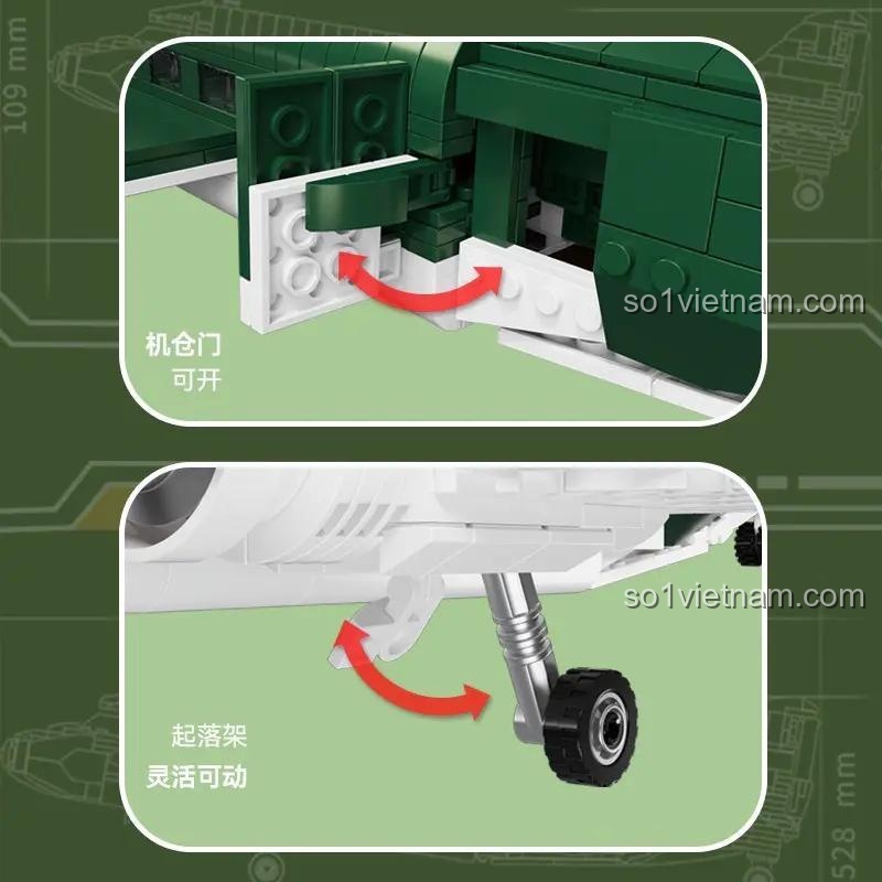 Tính năng cửa khoang mở được và bánh xe hạ cánh linh hoạt của bộ lắp ghép Máy bay vận tải Douglas C-47, đồ chơi xây dựng cho bé trai 6 tuổi.