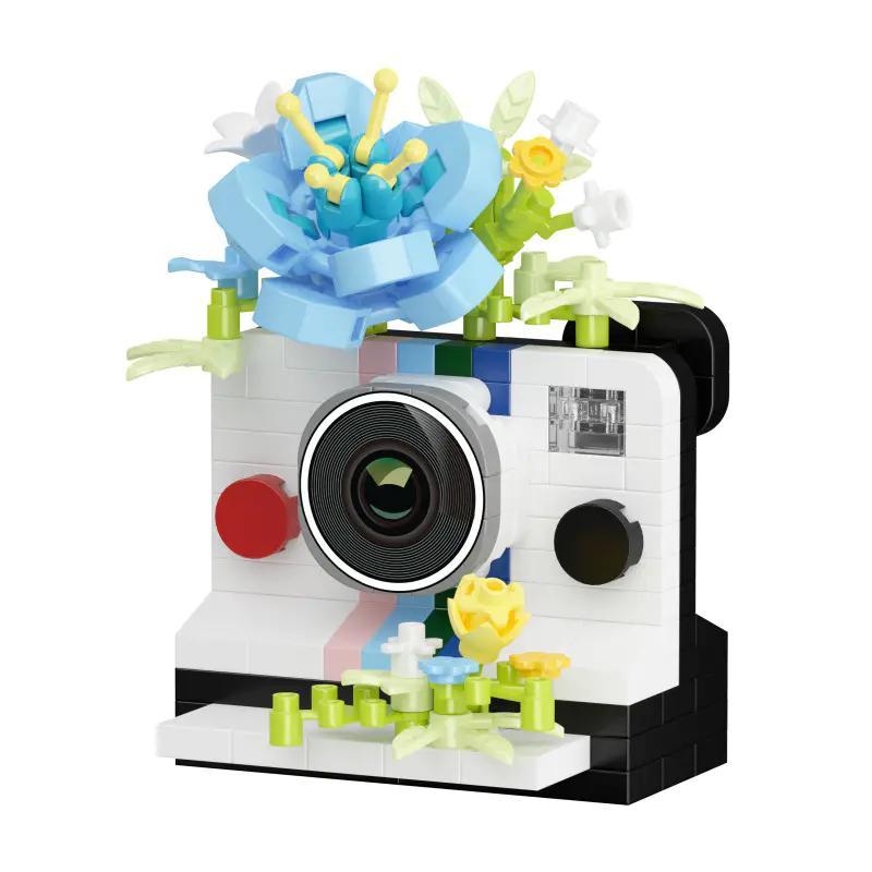 Mô hình máy ảnh lấy liền "Băng Lam" 潮乐创 7438 với hoa trang trí, bộ lắp ghép cho bé gái 6 tuổi, 247 chi tiết, quà tặng sáng tạo