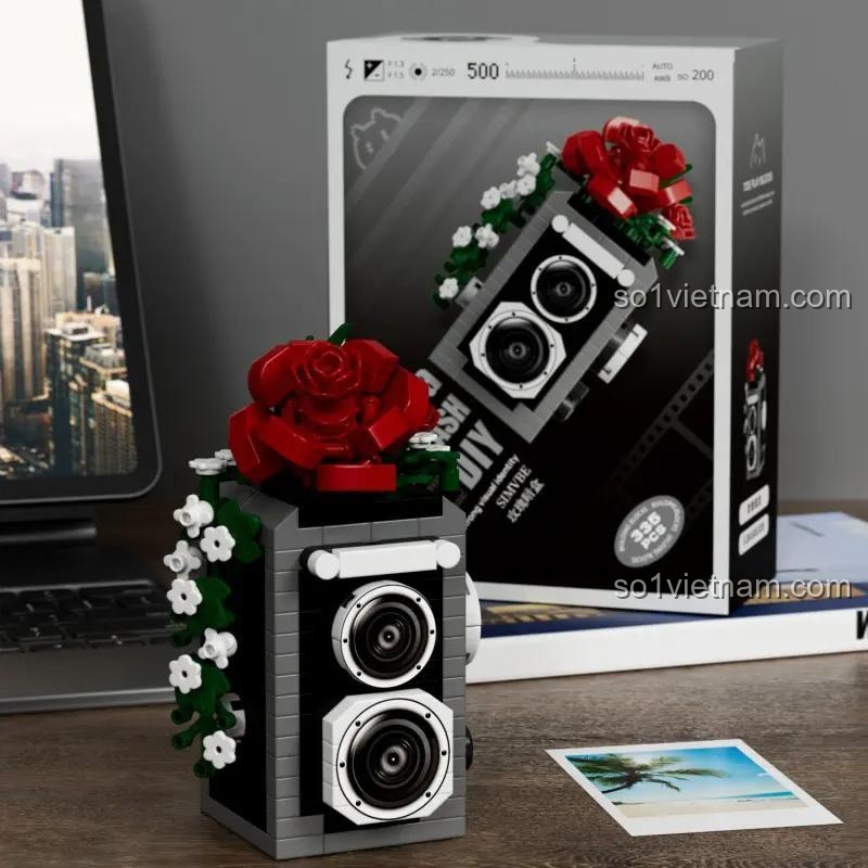 Hộp máy ảnh hoa hồng 潮乐创 7441 bộ lắp ghép trang trí hoa hồng cho bé gái 6 tuổi