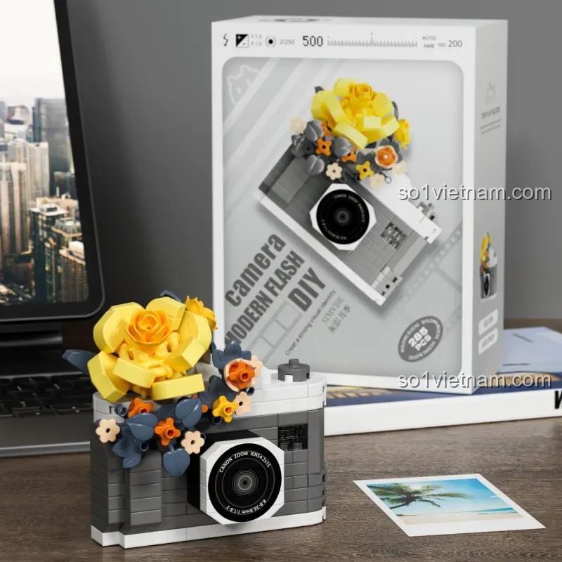 Hộp bộ lắp ghép máy ảnh hoa hồng 潮乐创 7443, đồ chơi mô hình máy ảnh trang trí cho bé gái 6 tuổi, chi tiết sắc nét, màu sắc tươi sáng, quà tặng ý nghĩa