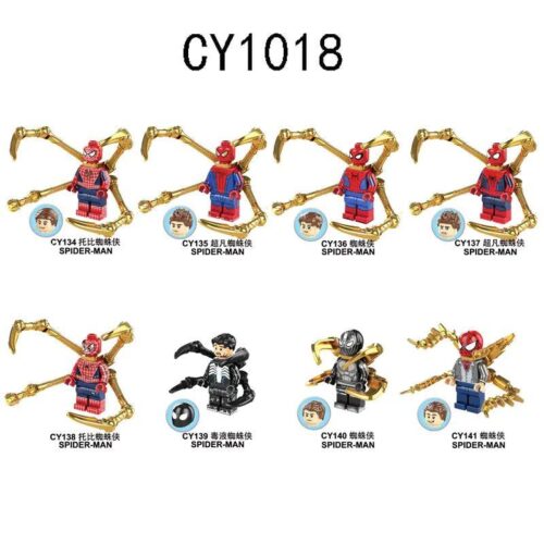 Bộ đồ chơi Người Nhện Chengyi CY1018 gồm 8 minifigures Spider-Man với phụ kiện cánh tay nhện vàng, phù hợp cho bé trai 6 tuổi, giá tốt.