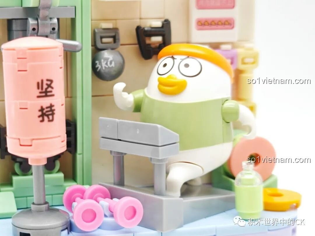 Chi tiết bao cát đấm bốc màu hồng có in chữ và máy tập trong phòng gym mini của Vịt Liu.