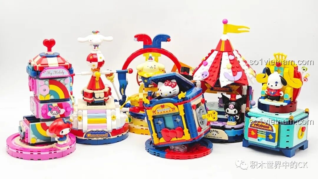 Cận cảnh các mô hình trong bộ sưu tập Gánh Xiếc Sanrio Keeppley, thể hiện sự chi tiết và màu sắc.