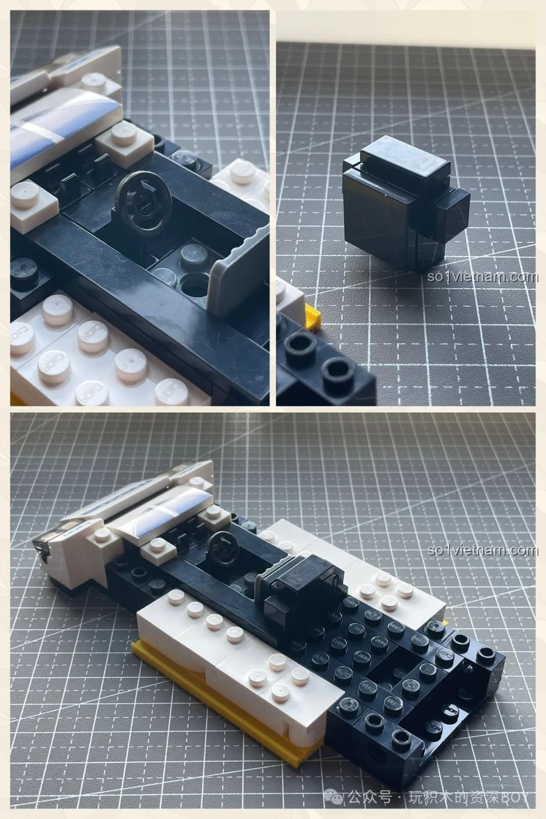 Cận cảnh chi tiết buồng lái và vô lăng của mô hình CaDA C55029 Mazda 787B, đơn giản nhưng đủ dùng.