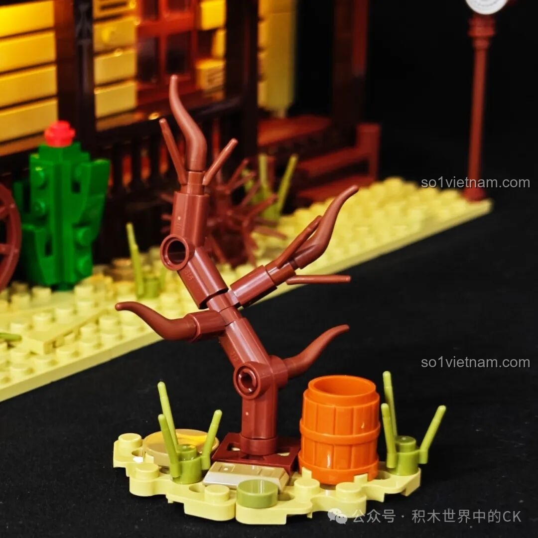 Cận cảnh cây xương rồng và các loại thực vật khác trang trí bên ngoài Saloon Miền Tây F9021.