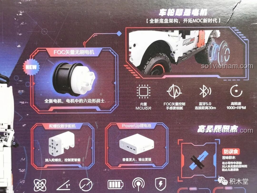 Cận cảnh các chi tiết công nghệ trên hộp ONEBOT GPT09AIQI, bao gồm động cơ FOC, con quay hồi chuyển, pin PowerUp và cảnh báo chất đắng.