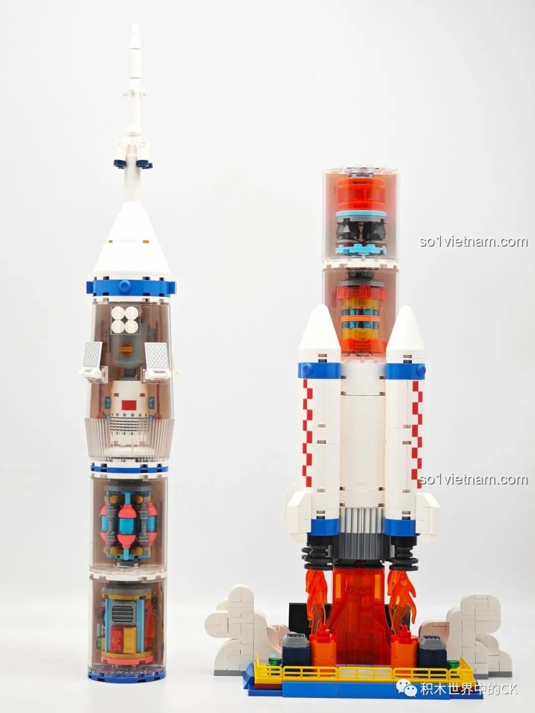 Cận cảnh cấu trúc động cơ và các khoang bên trong mô hình tên lửa Sembo 203366, một điểm nhấn giáo dục của bộ đồ chơi.