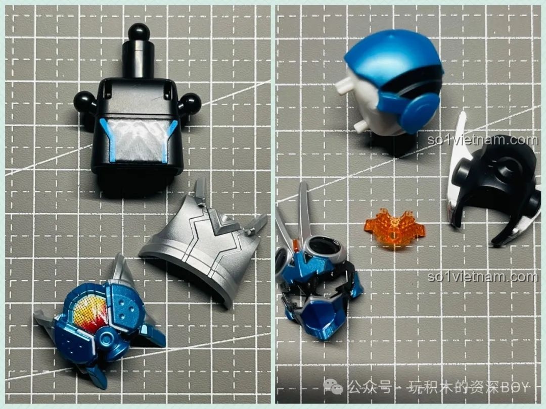 Chi tiết các mảnh ghép của mô hình Kamen Rider Gotchard SteamHopper BLOKEES, thiết kế độc đáo.