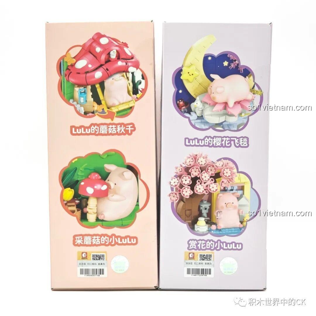 Hình ảnh minh họa chi tiết hai mặt của mô hình Lợn LuLu Sembo, một bên là xích đu nấm, một bên là hái nấm.