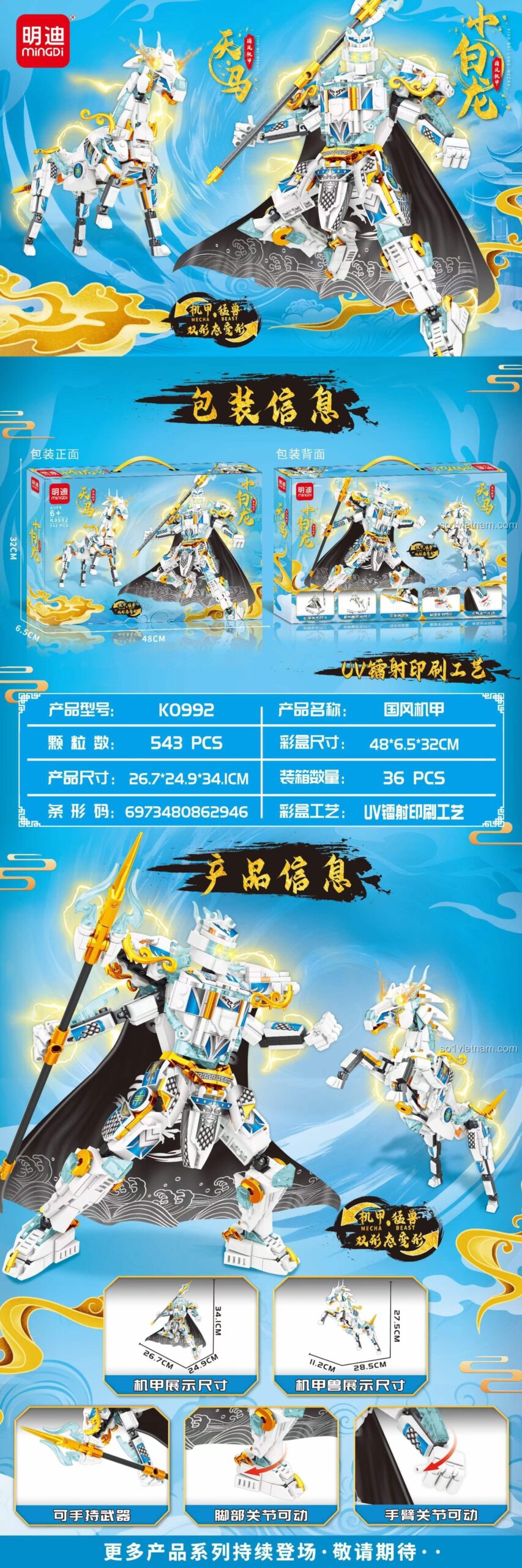 Chi tiết hộp sản phẩm Mindi K0992 Cơ Giáp Bạch Long Thiên Mã