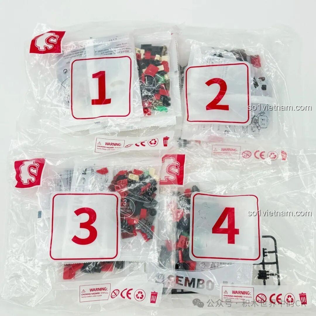 Một trang trong sách hướng dẫn lắp ráp robot Ma Lễ Thọ SEMBO 106007, minh họa cách lắp ráp robot và bạn đồng hành.