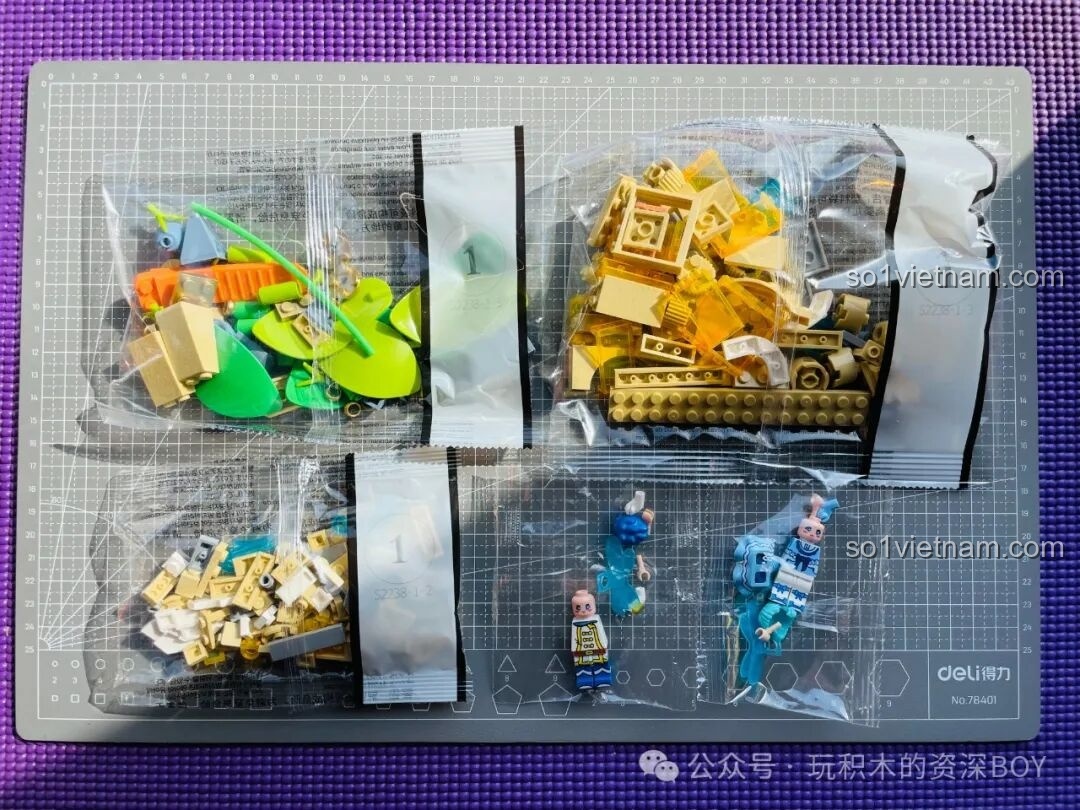 Cận cảnh các túi mảnh ghép và minifigures Hoàng tử, Công chúa nhỏ của bộ lắp ghép Lâu Đài Hoa Rừng Femibox S2238.