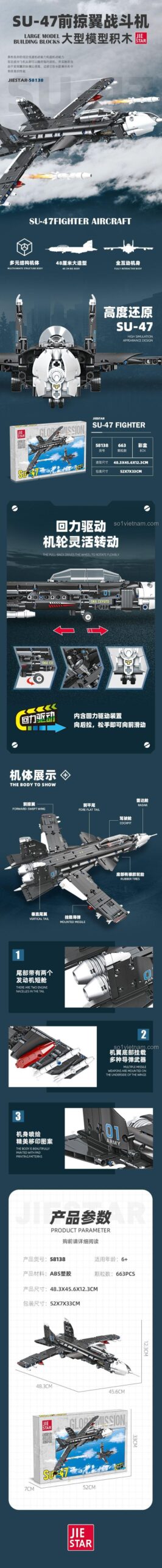 Chi tiết máy bay chiến đấu SU-47 JIESTAR 58138, bộ lắp ghép máy bay chiến đấu SU-47, đồ chơi máy bay quân sự cho bé trai 6 tuổi, máy bay chiến đấu SU-47 giá tốt