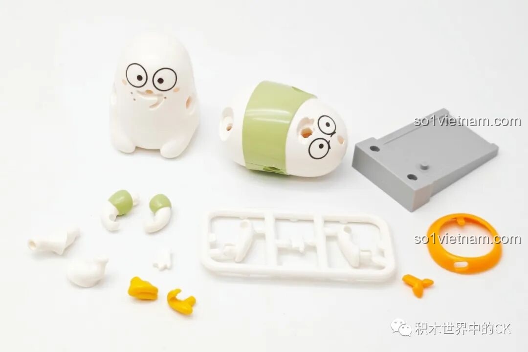 Các chi tiết để lắp ráp minifigure Vịt Liu ăn uống và Vịt Liu tập gym, bao gồm thân, đầu, tay và chân.