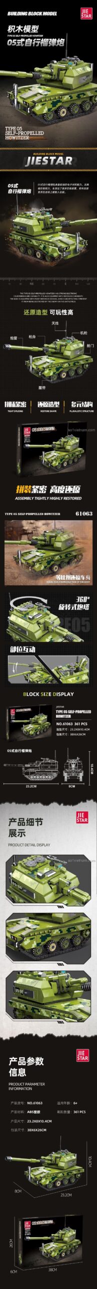 Chi tiết đồ chơi mô hình Xe tăng pháo tự hành Kiểu 05 61063 với nhiều tính năng hấp dẫn như tháp pháo xoay, nòng pháo nâng hạ.