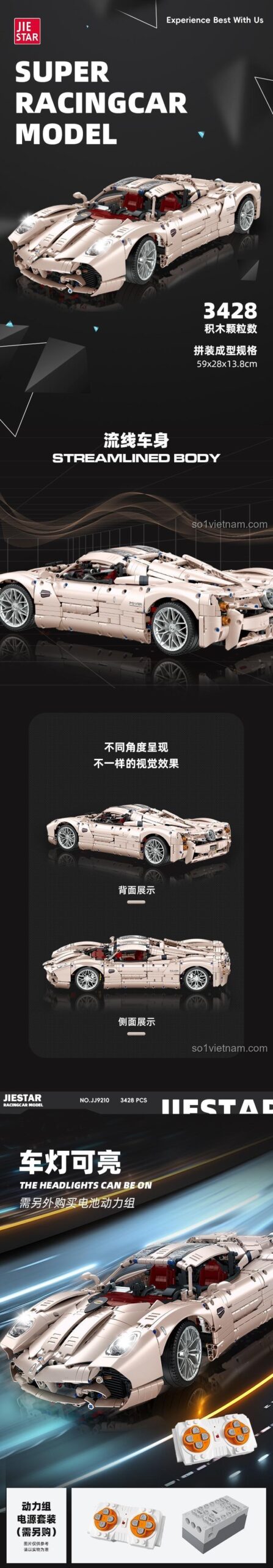 Chi tiết bộ xếp hình JJ9210 Siêu xe Pagani Utopia, 3428 mảnh ghép, có thể nâng cấp động cơ và đèn LED.