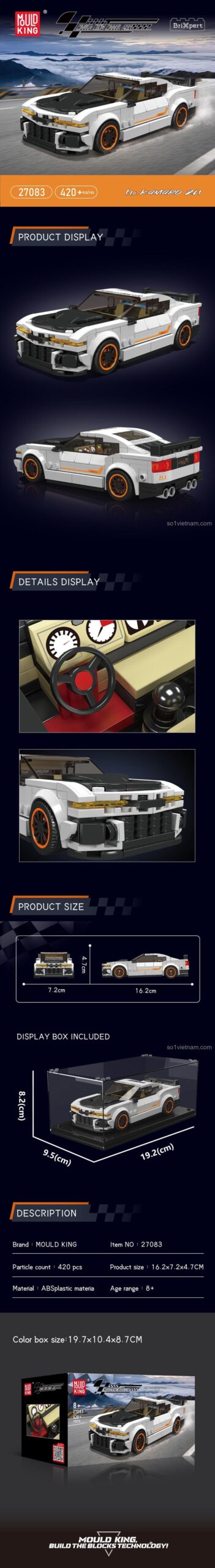 Chi tiết mô hình MouldKing 27083 Siêu xe Chevrolet Camaro, bộ đồ chơi lắp ráp xe đua cho bé trai