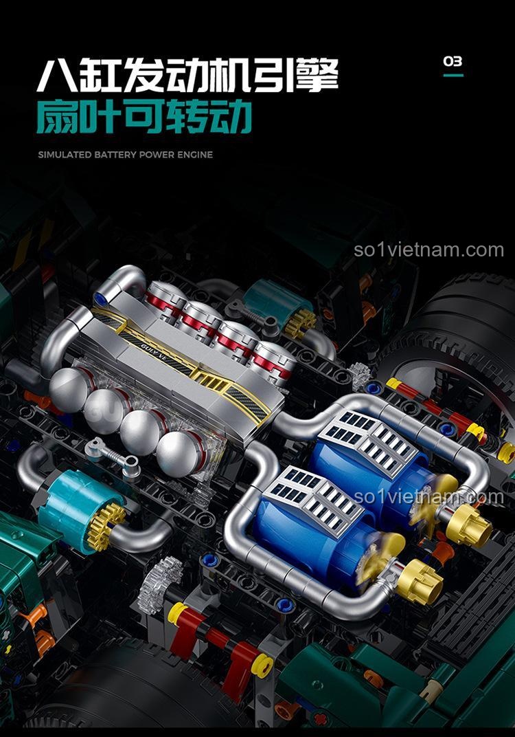 Chi tiết mô hình siêu xe Alfa Romeo màu xanh lá, tỉ lệ 1:8, bộ lắp ghép 古励GULY 10621, cho thấy các bộ phận phức tạp